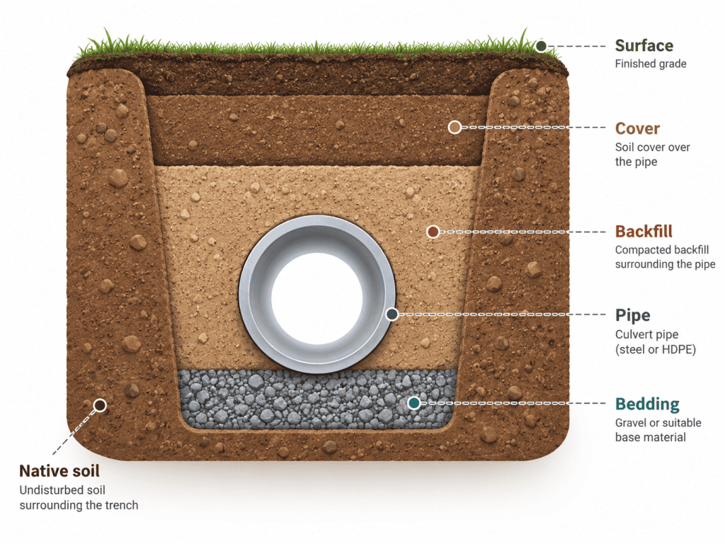 Cross-section diagram of a culvert trench. From bottom to top: bedding (gravel base), the culvert pipe (steel or HDPE), compacted backfill surrounding the pipe, cover soil, and the finished ground surface. Native soil surrounds the trench on both sides.